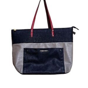 Steve Madden Tote Large Black Quilted Tan Red Strap Shoulder Bag Zip Closure